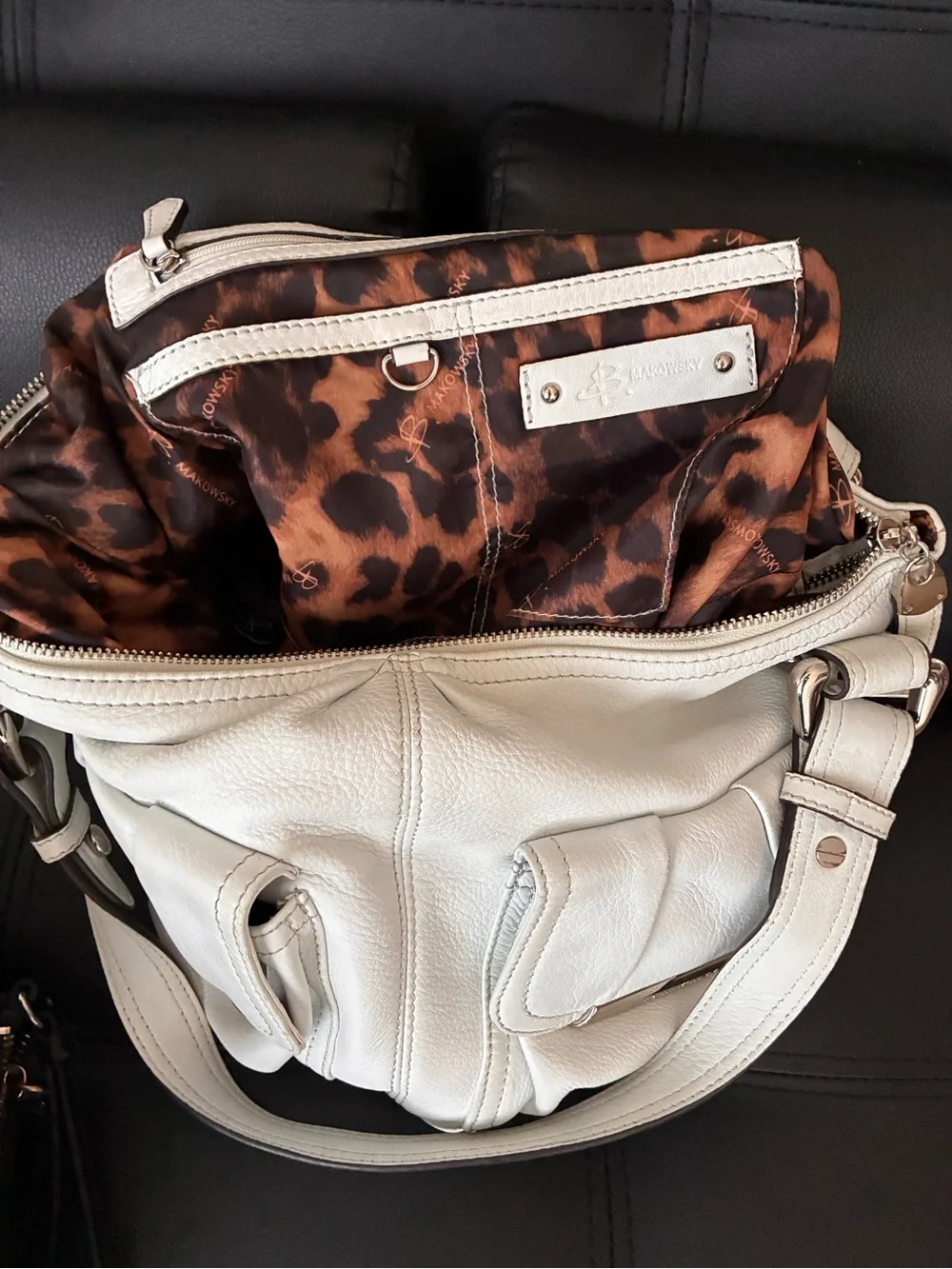 b. makowsky White Leather Hobo with Front Flap Pockets